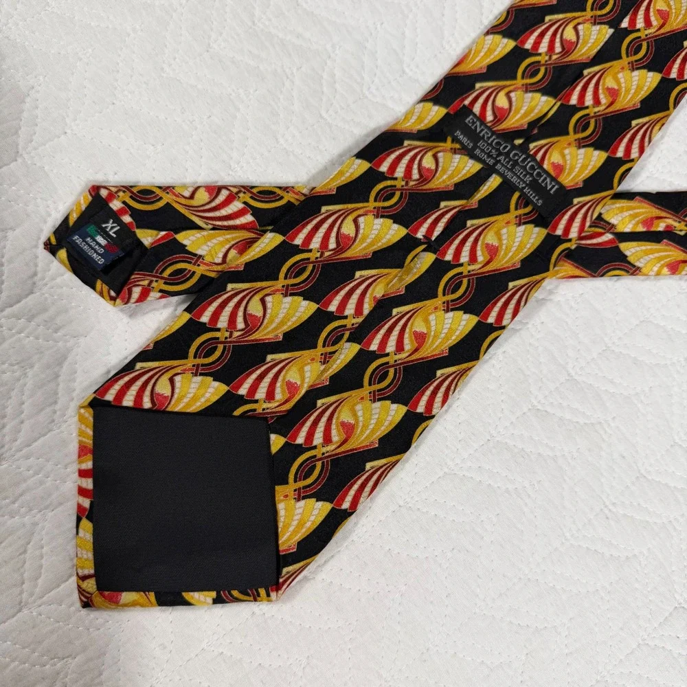 Enrico Guccini Silk Tie Mens XL Black Gold Red Art Deco Geometric 64